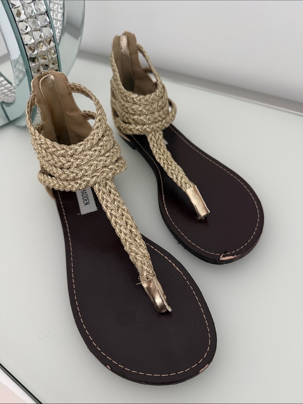 Steve Madden Metallic Gold Braided T-Strap Sandals for Women